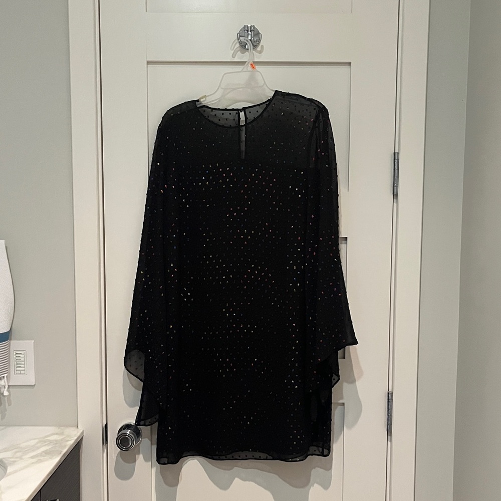 Trina Turk Black Dress with iridescent rainbow dot accents